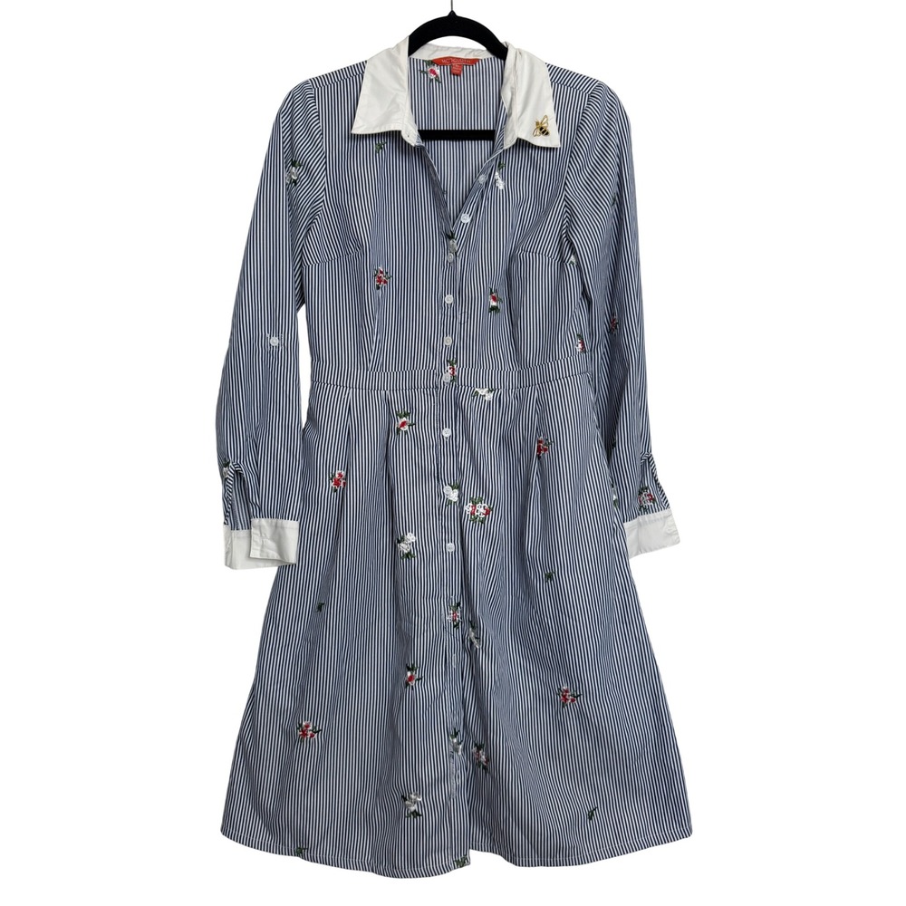 ModCloth Blue White Striped Floral Bee Embroidered Shirt Dress Medium Preppy